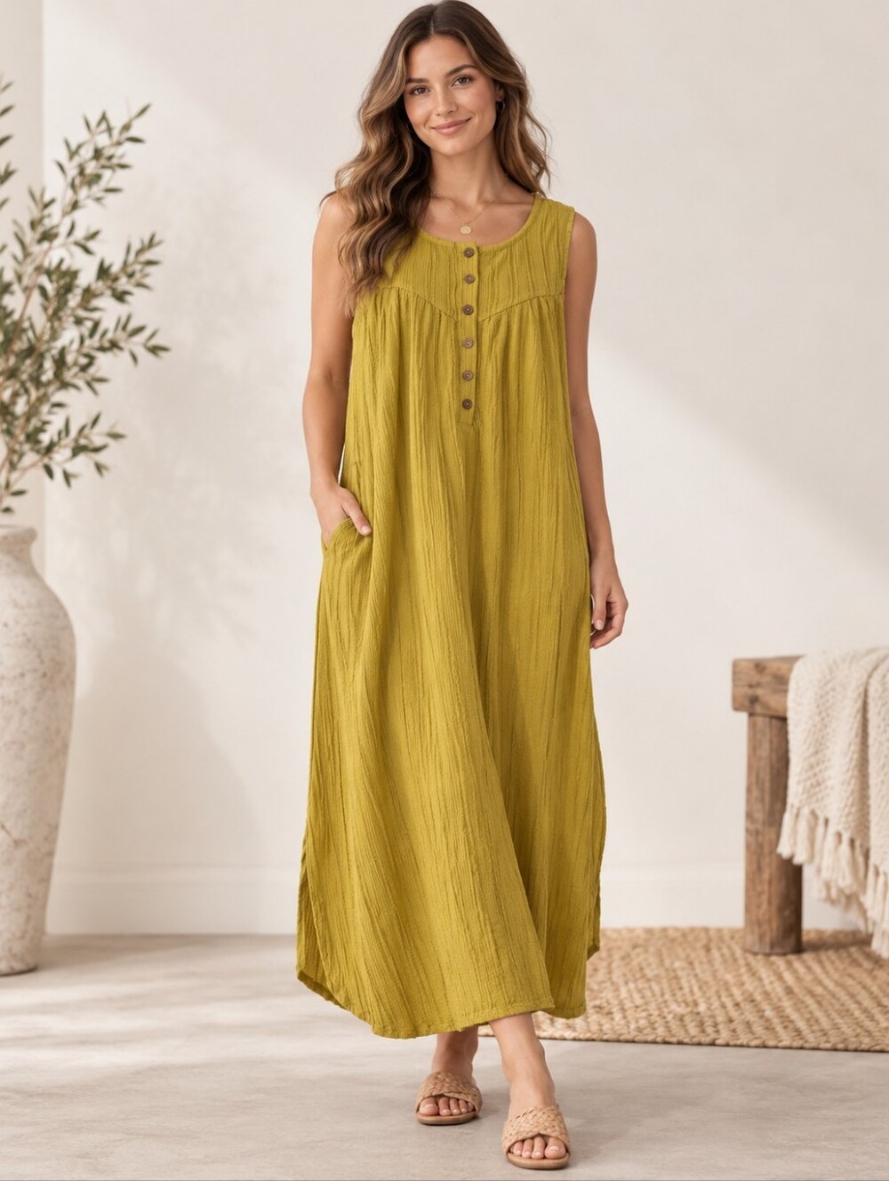 Umgee Medium Mustard Textured Sleeveless Button Front Boho Maxi Dress